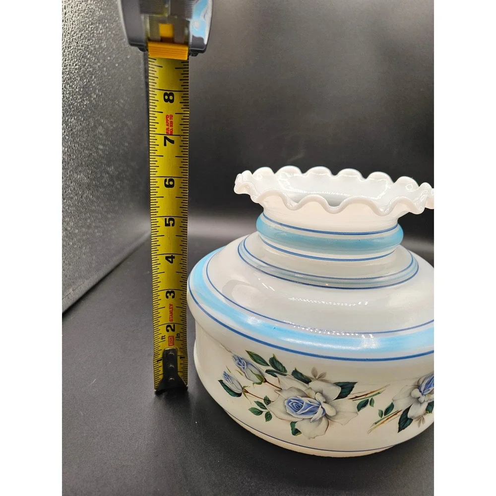 Vintage Milk Glass Hurricane Lamp Shade Blue Rose Floral Ruffled Edge 7in Fitter